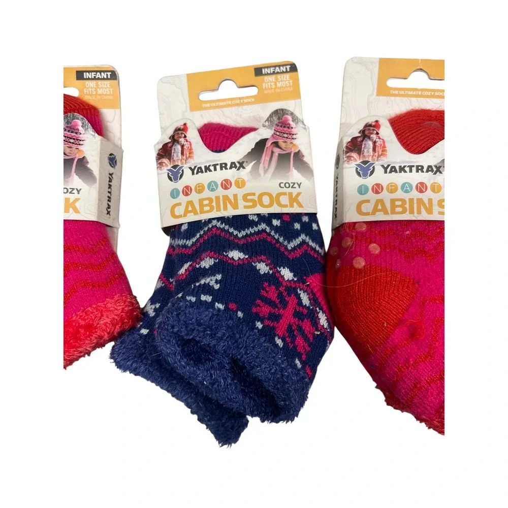 Yaktrax Infant Cozy Cabin Socks One Size‎ Red Blue Pink Fair Isle Set of 3